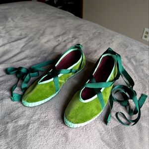 Flabelus Velvet Green Mary Jane Ribbon Tie Flats 40
